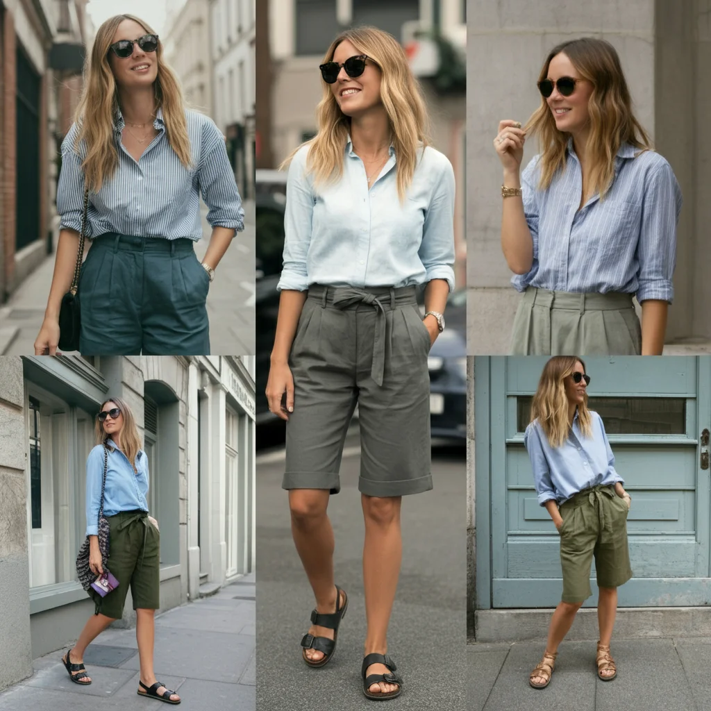 Bermuda Shorts with a Button-Up and Sandals
