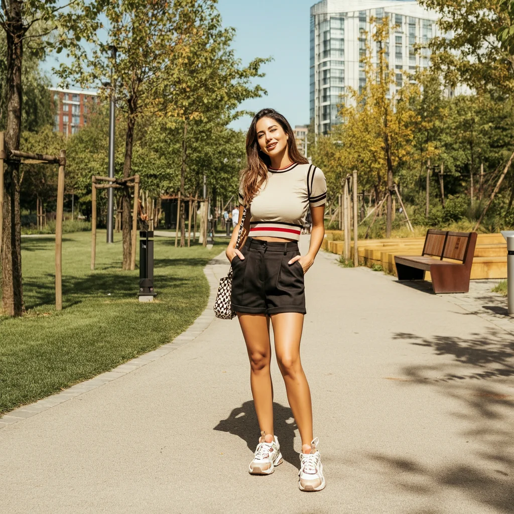 Bermuda Shorts with a Crop Top and Sneakers