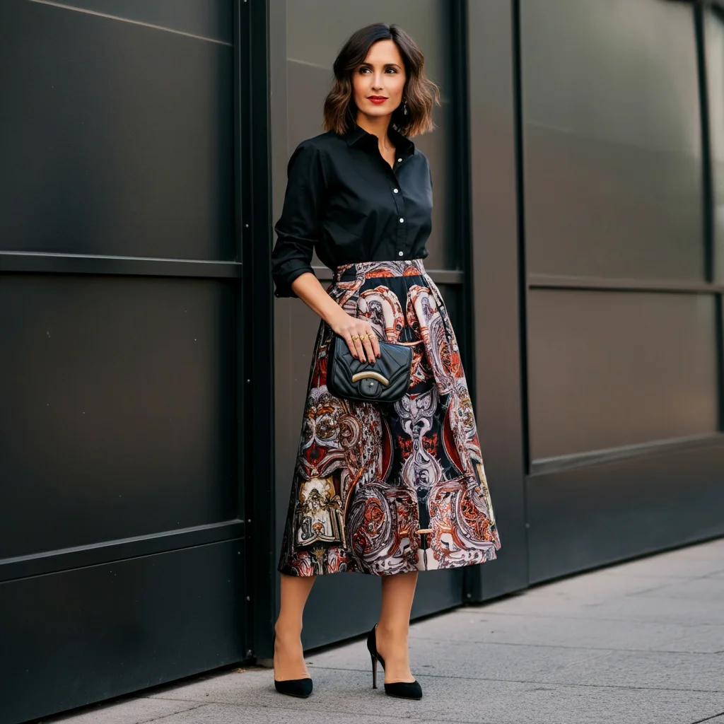 Black Button-Down Shirt With Printed Midi Skirt