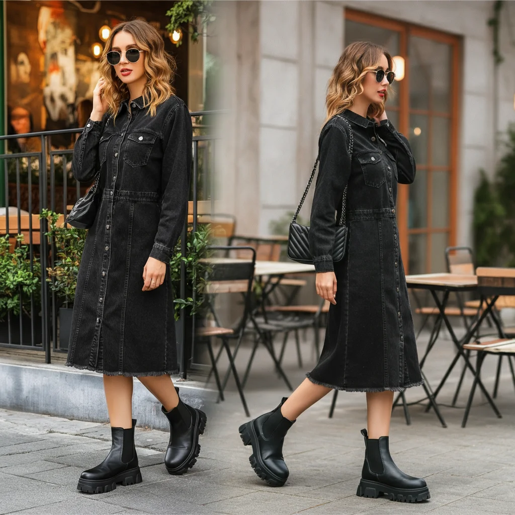 Black Denim Dress with Chunky Boots