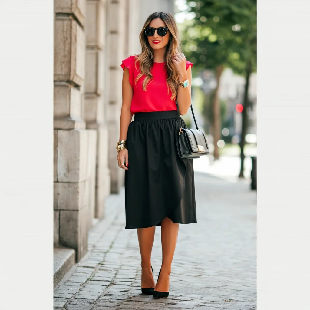 Black Skirt with a Bold-Colored Top