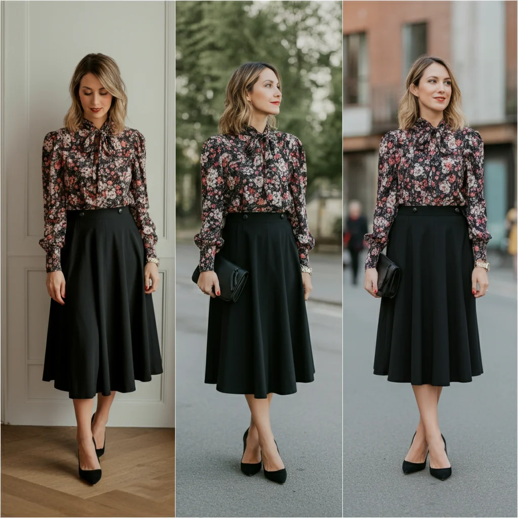 Black Skirt with a Floral Blouse