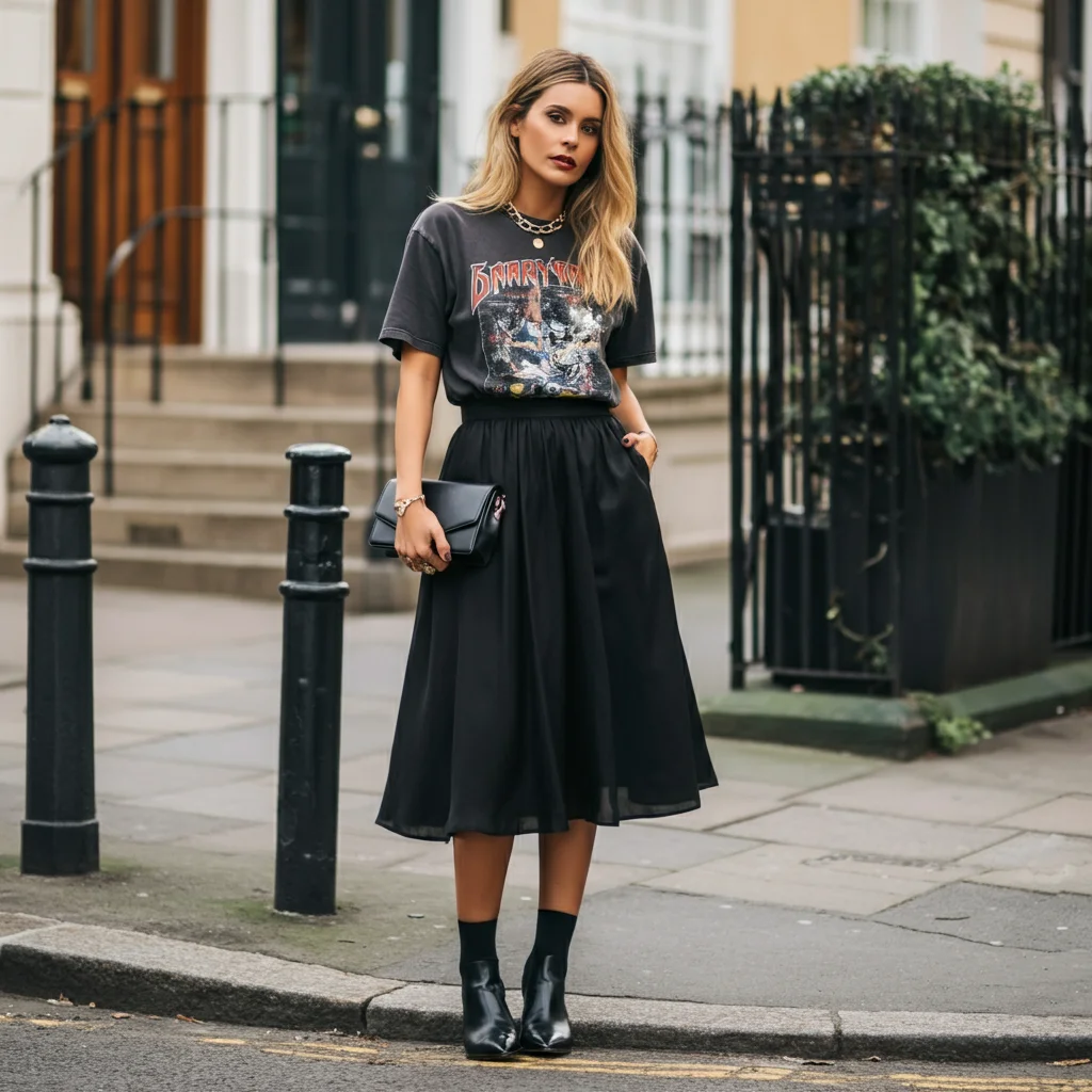 Black Skirt with a Graphic T-shirt