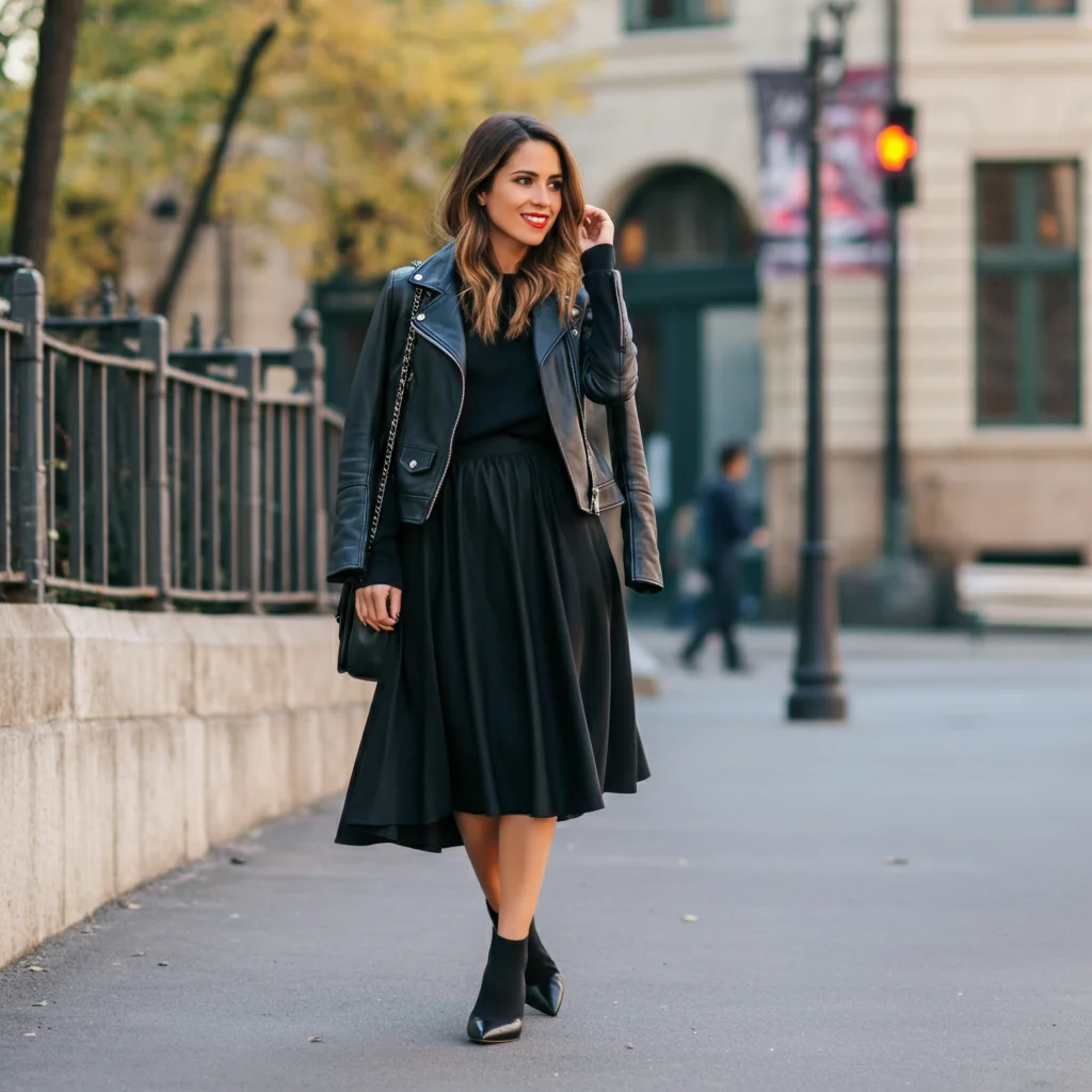 Black Skirt with a Leather Jacket