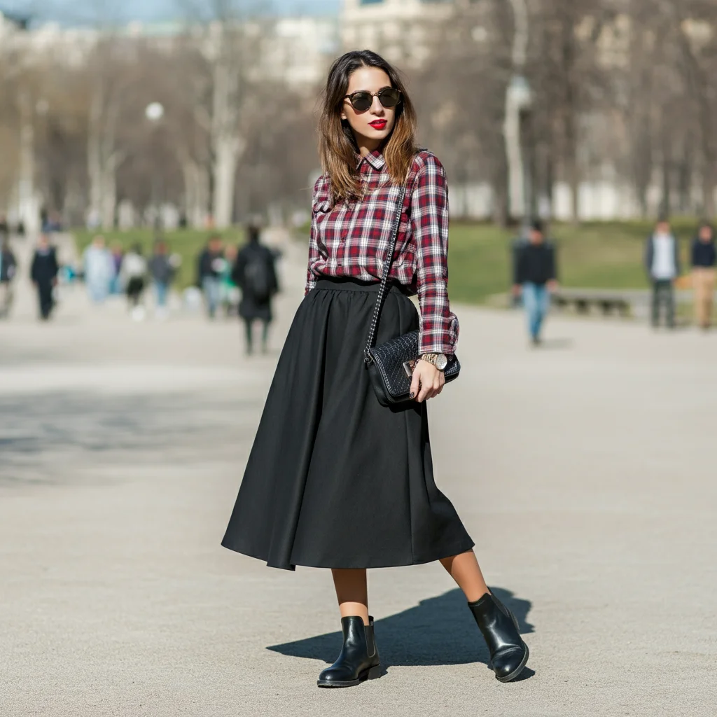 Black Skirt with a Plaid Shirt