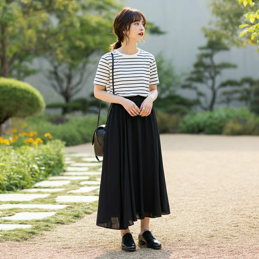 Black Skirt with a Striped T-shirt