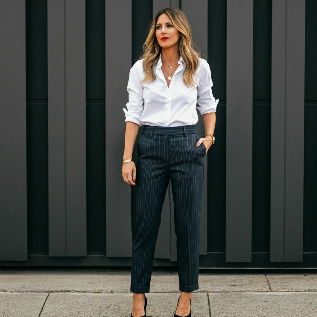 Crisp White Shirt with Pinstriped Dress Pants