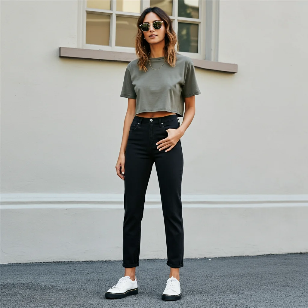 Cropped T-Shirt with High-Waisted Black Jeans