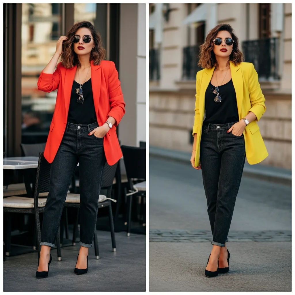 Dark Jeans with a Bold Colored Blazer