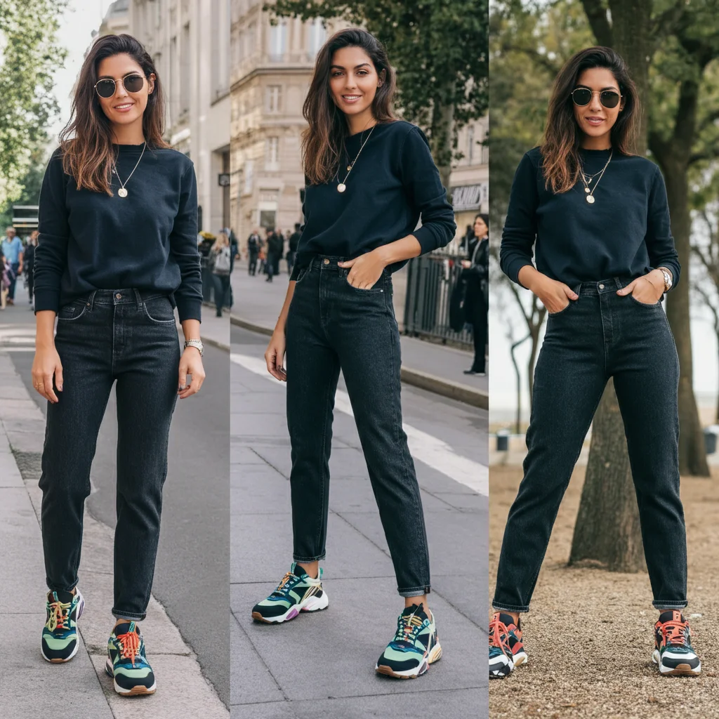 Dark Wash Jeans with Bold Designer Sneakers