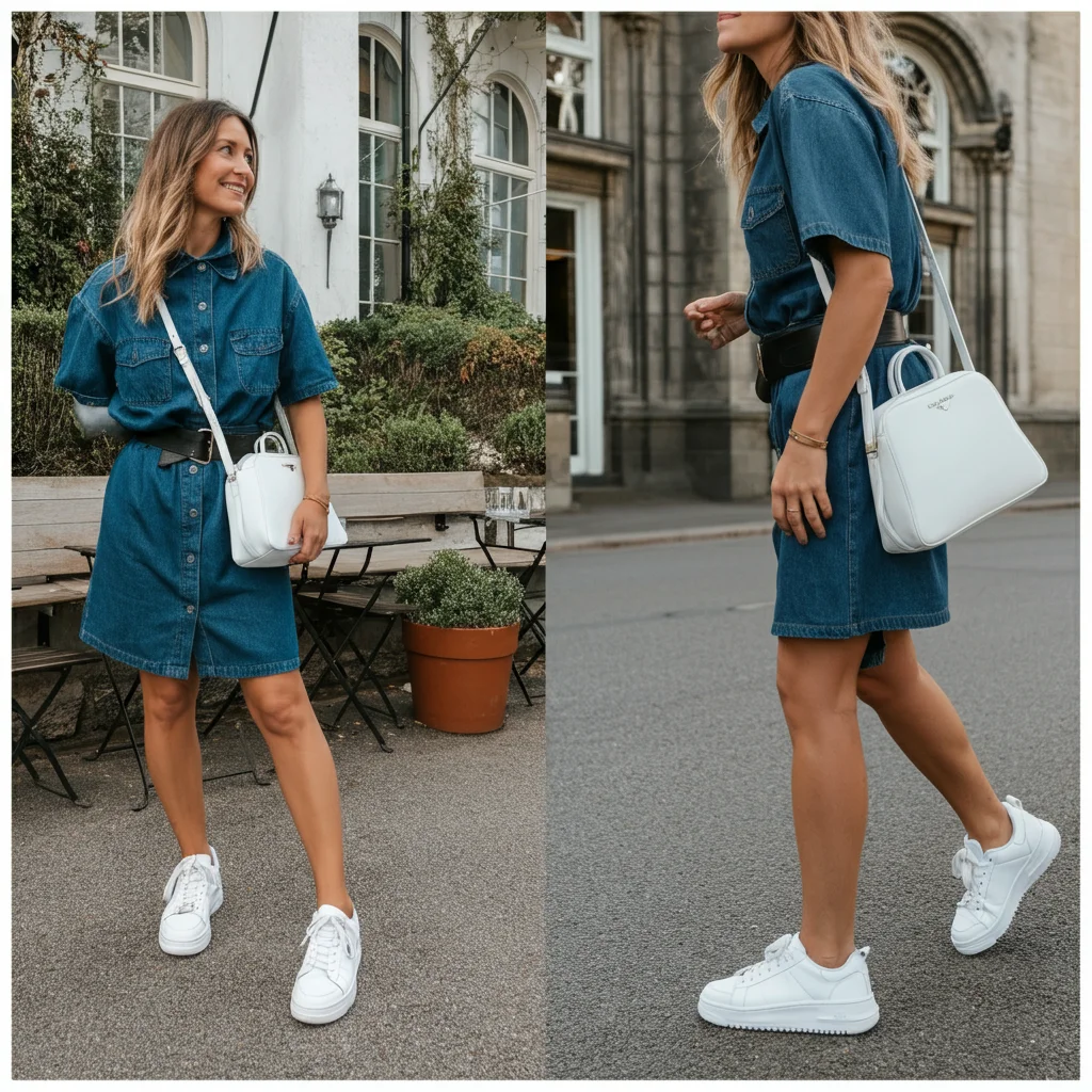 Denim Dress with White Sneakers