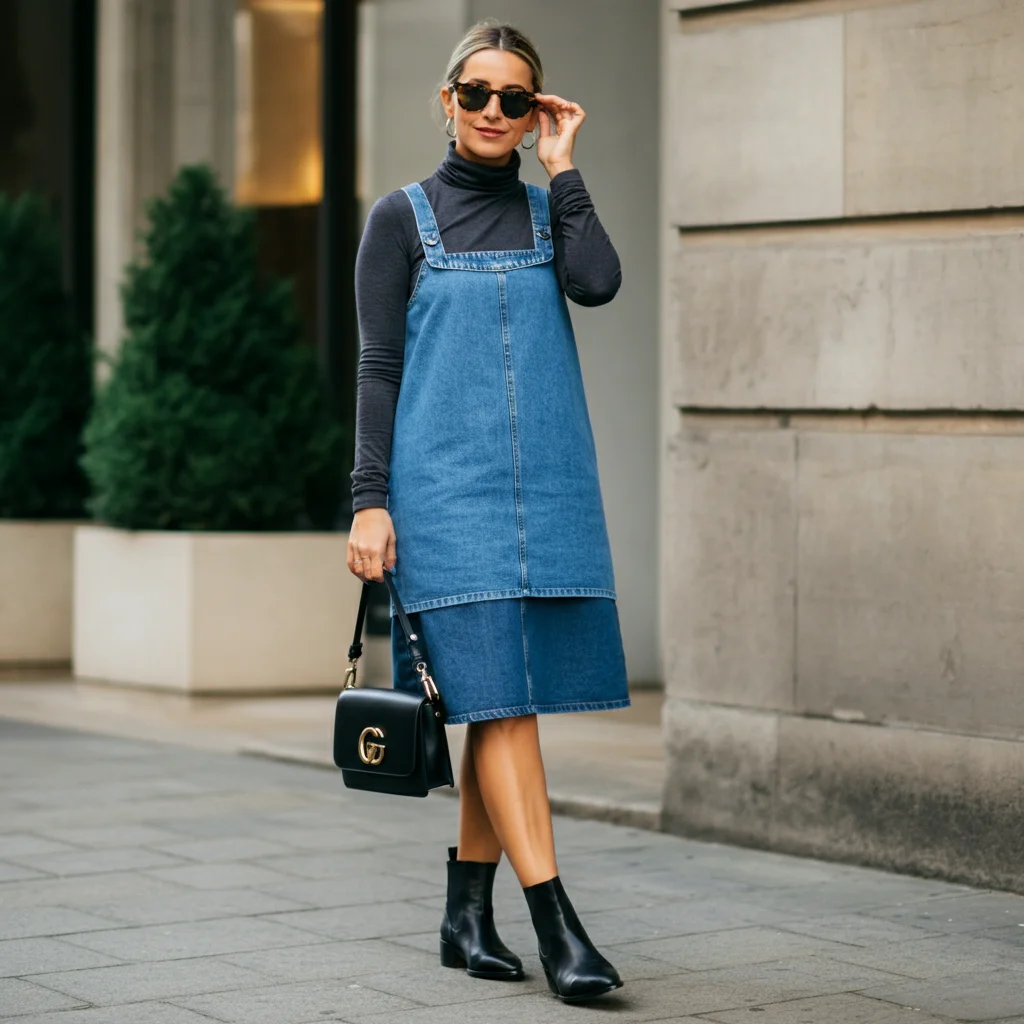 Denim Dress with a Turtleneck Underneath