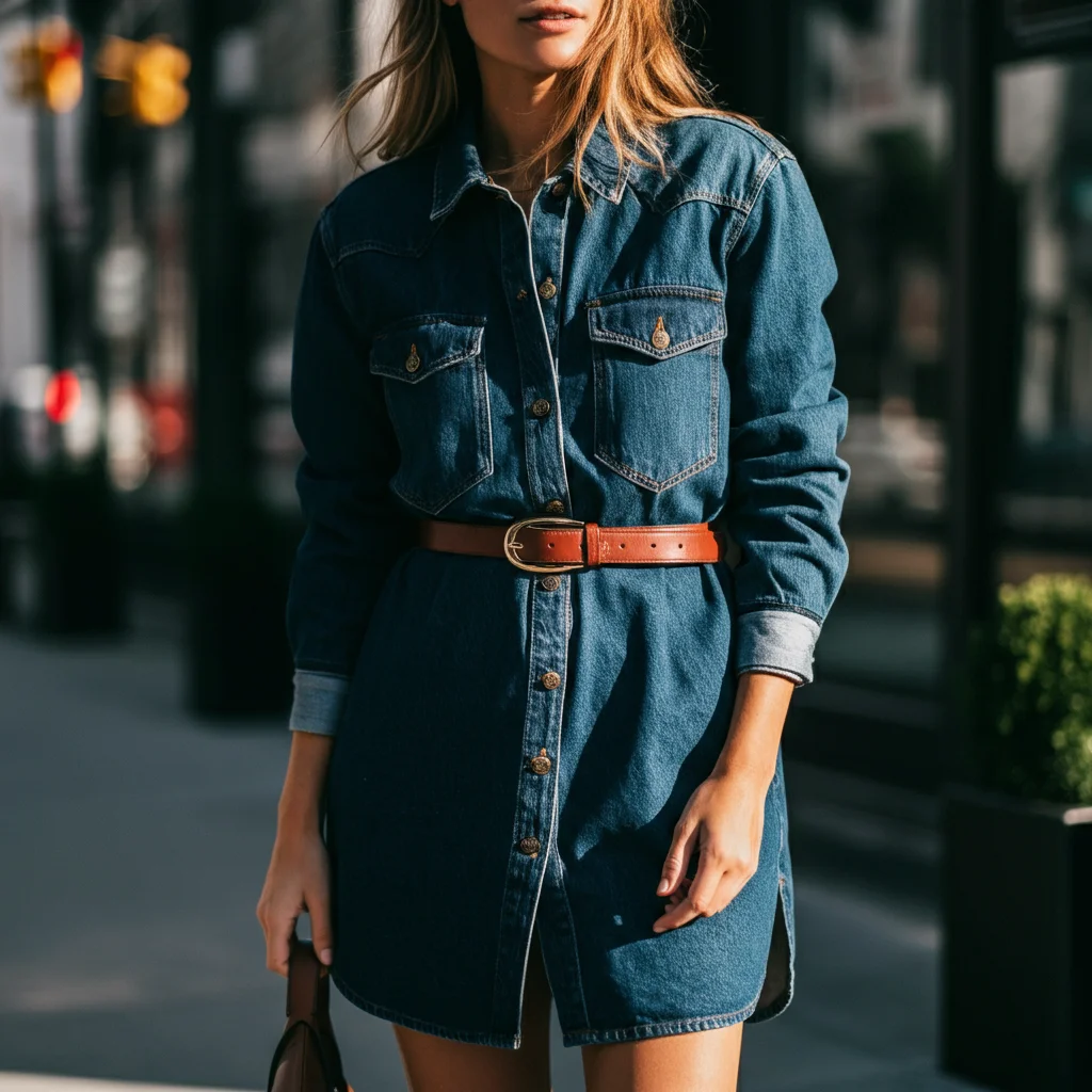 Denim Shirt Dress with a Brown Belt