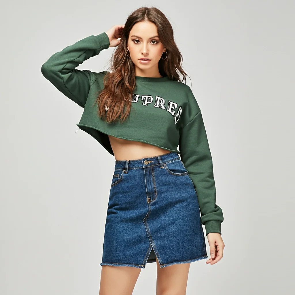 Denim Skort with a Cropped Sweatshirt
