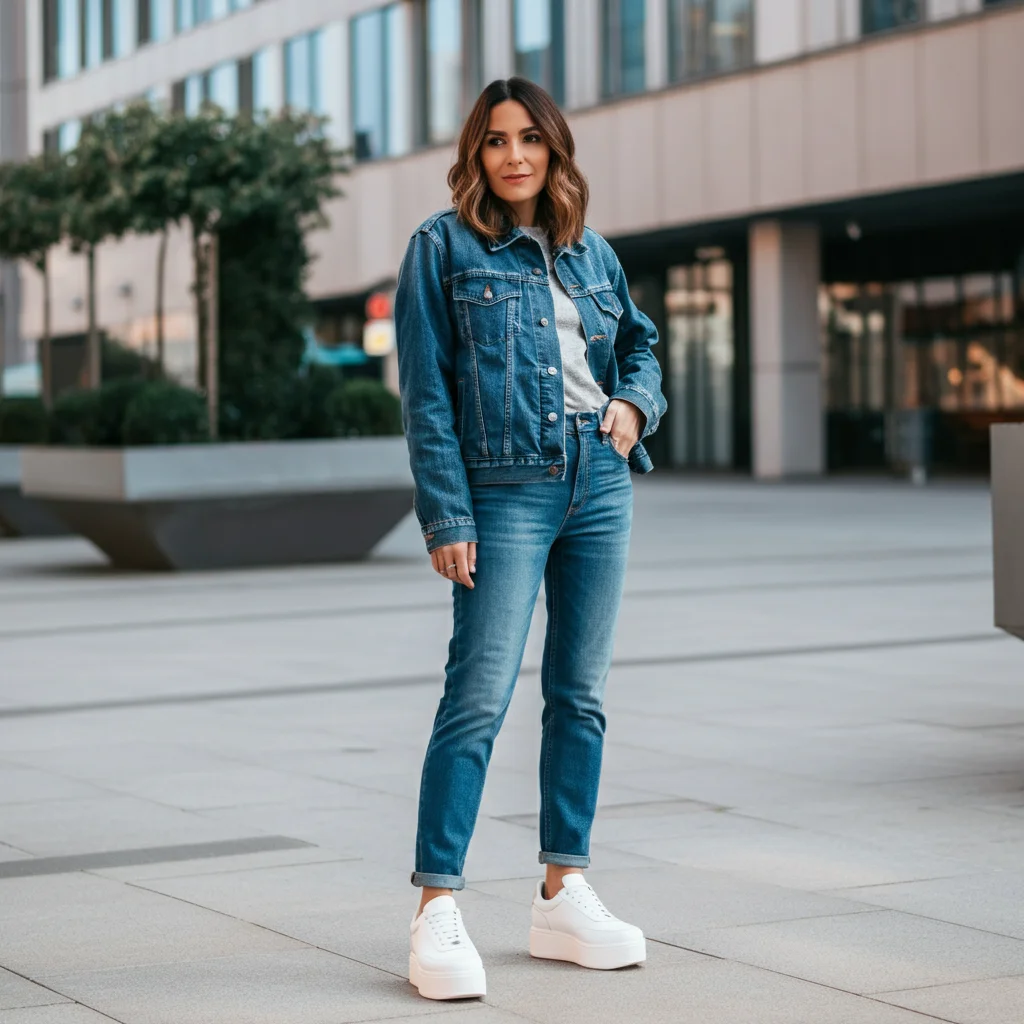 Denim-on-Denim with White Platform Sneakers