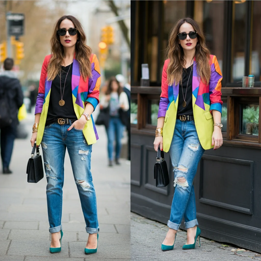Distressed Jeans with a Colorful Blazer