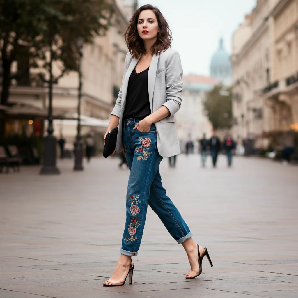 Embroidered Jeans with a Plain Blazer