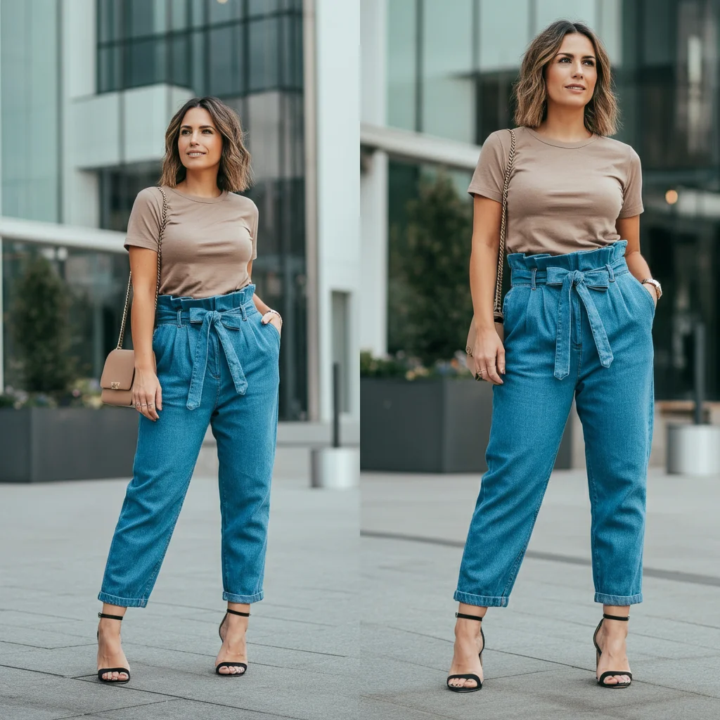 Fitted Tee with High-Waisted Paperbag Jeans