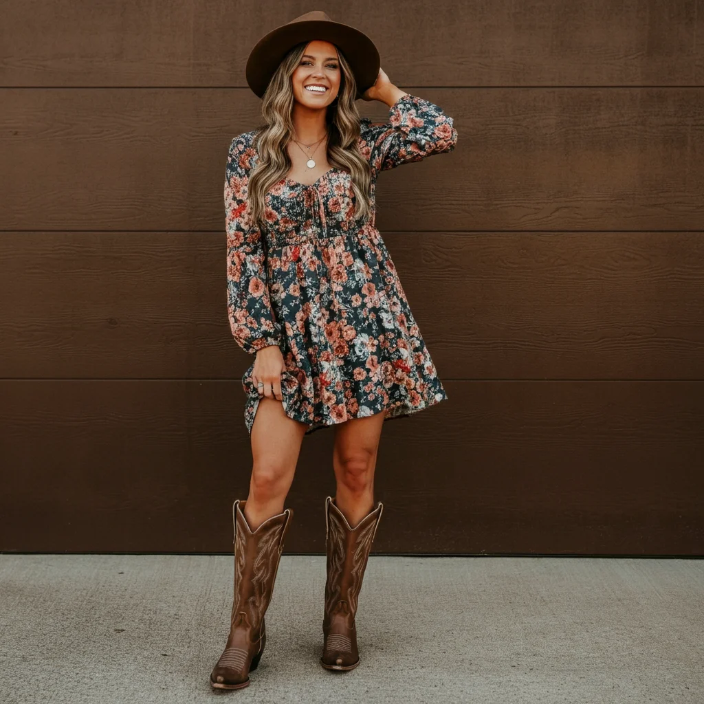 Floral Dress With Cowboy Boots