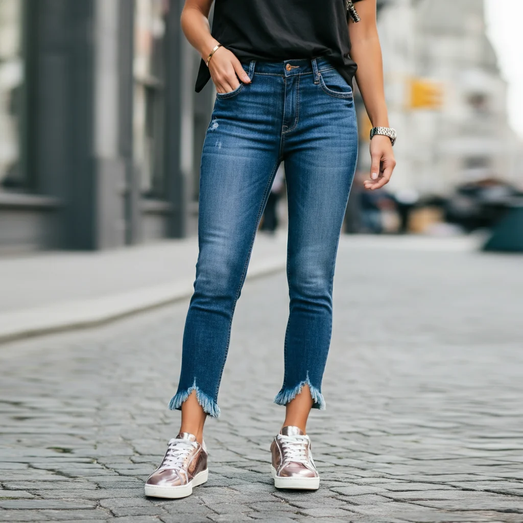 Frayed Hem Skinny Jeans with Metallic Sneakers