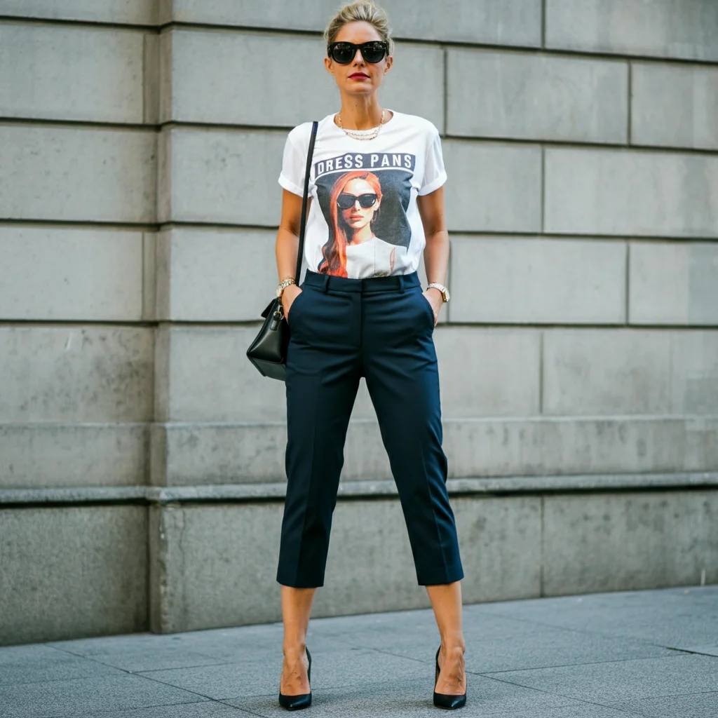 Graphic Tee with Cropped Dress Pants