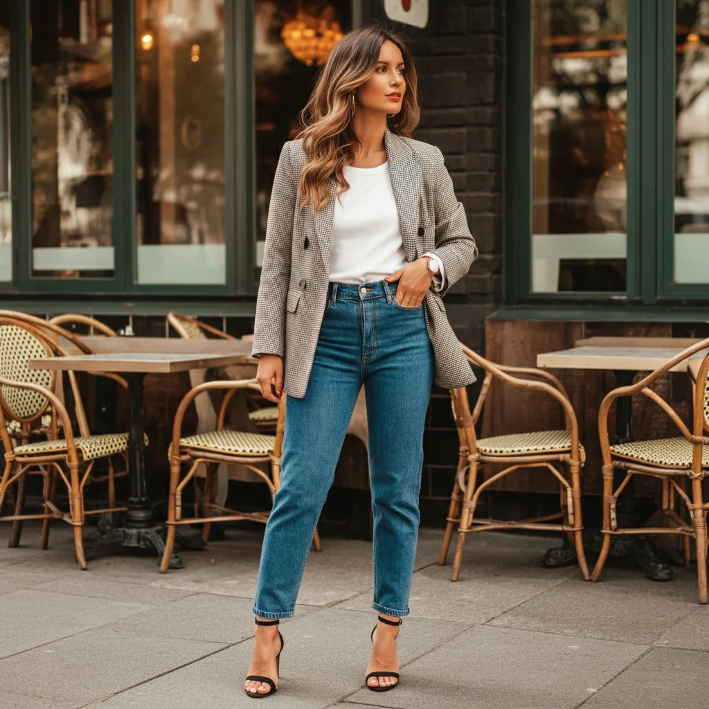 High-waisted jeans with a Checkered Blazer