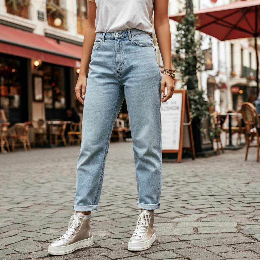 Light-Wash Boyfriend Jeans with High-Top Sneakers