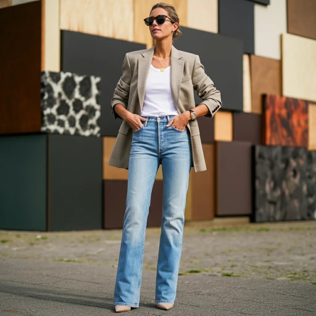 Light Wash Jeans with a Neutral Blazer