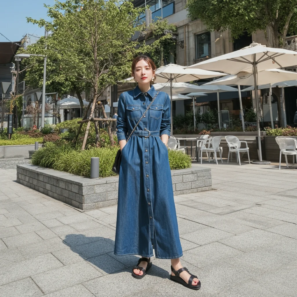 Long Denim Dress with Sandals