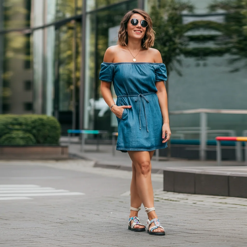 Off-Shoulder Denim Dress with Sandals
