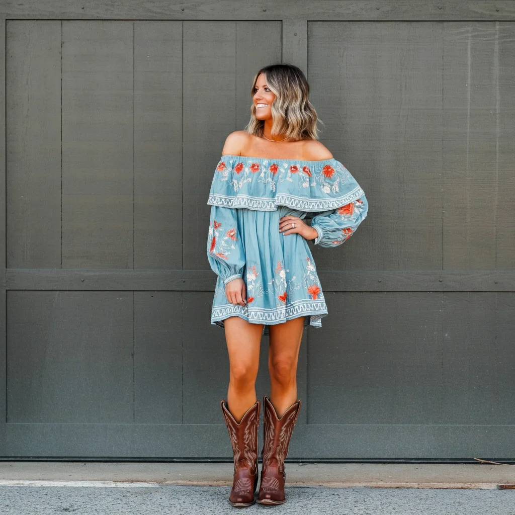 Off-Shoulder Dress With Cowboy Boots