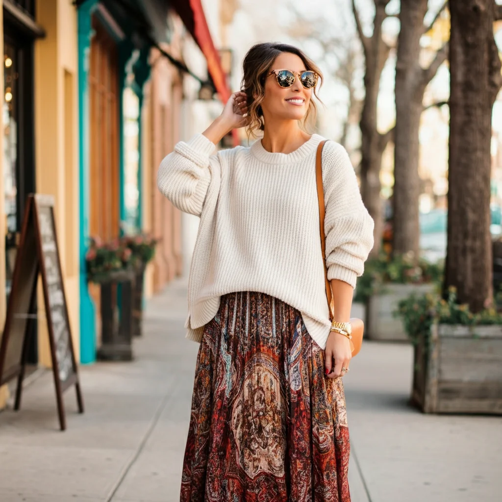 Oversized Sweater with Patterned Skirt