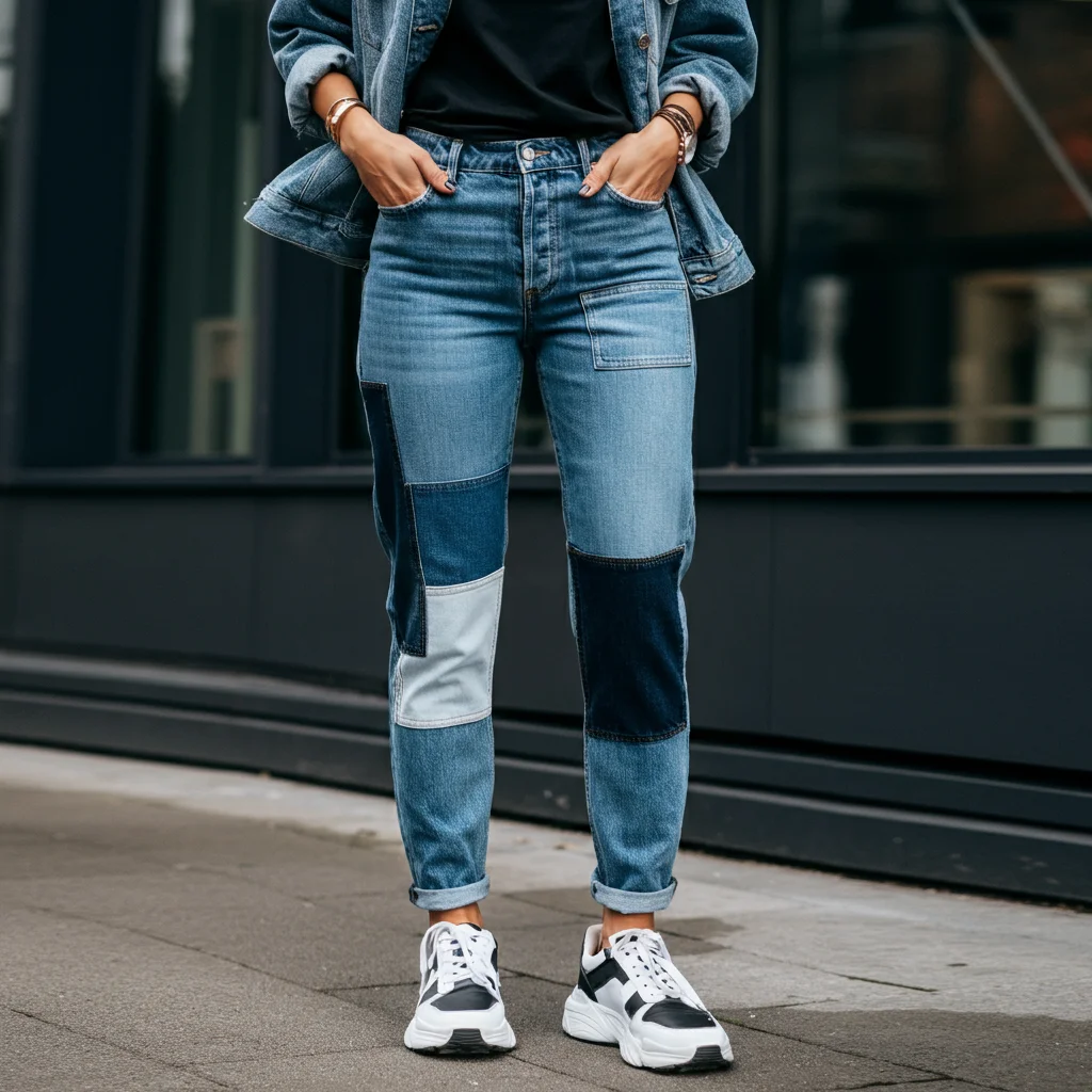 Patchwork Jeans with Monochrome Sneakers