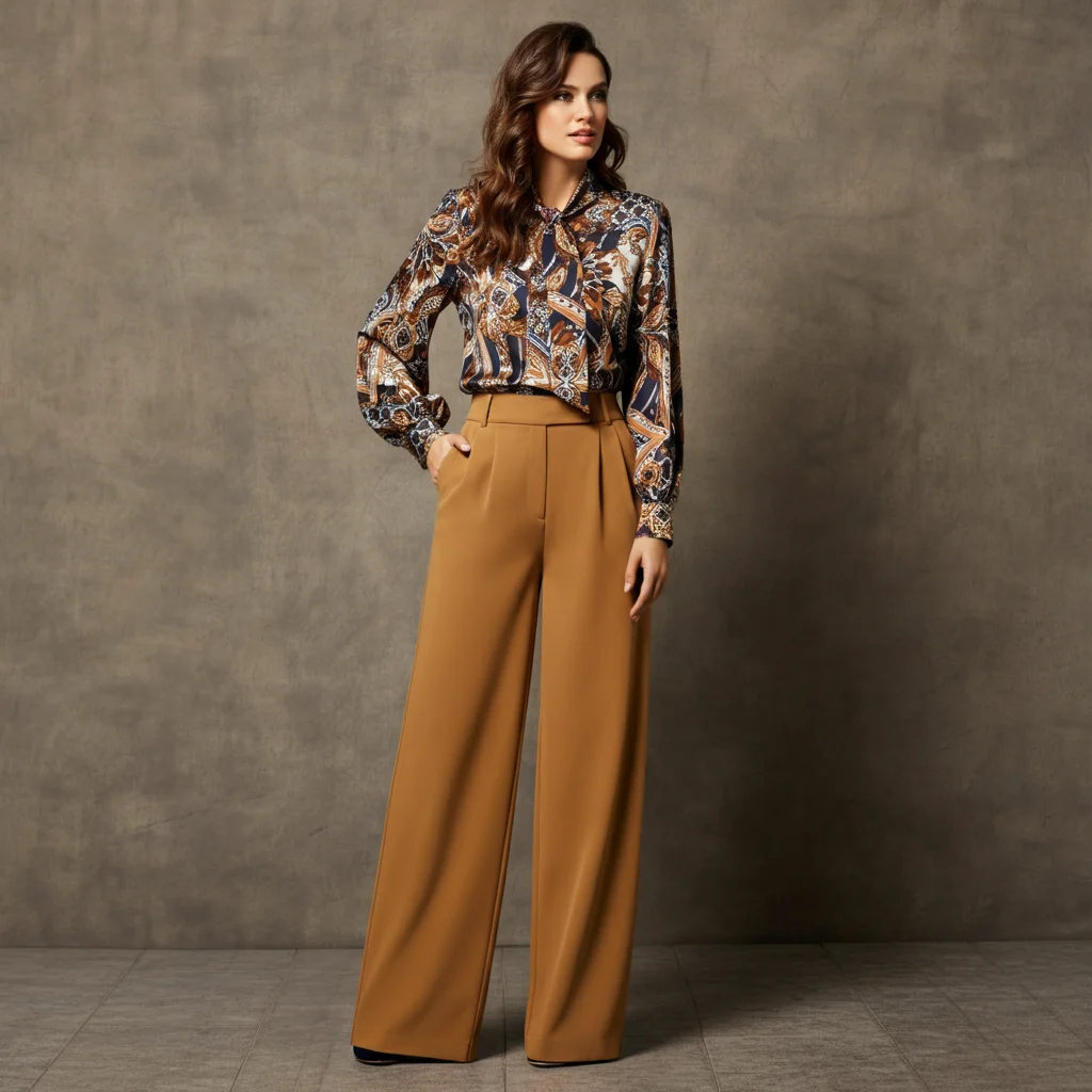 Patterned Blouse with Wide-Leg Pants