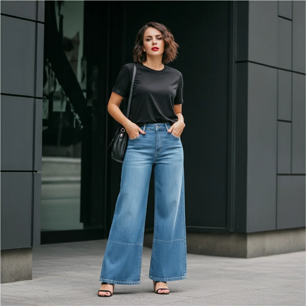 Plain Black Tee with Wide-Leg Jeans