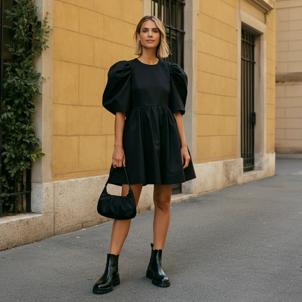 Puff Black Sleeve Dress with Chelsea Boots