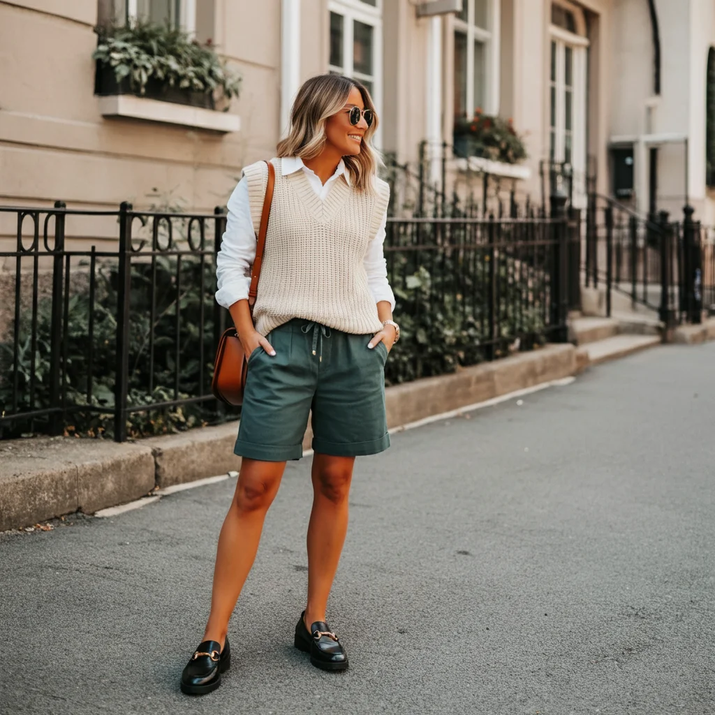 Relaxed Bermuda Shorts with a Sweater Vest and Loafers