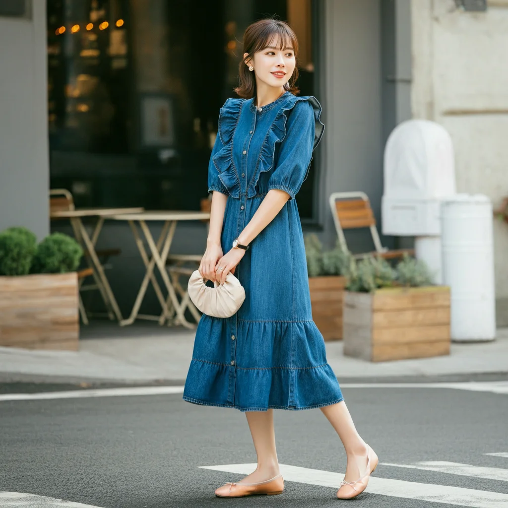 Ruffled Denim Dress with Ballet Flats