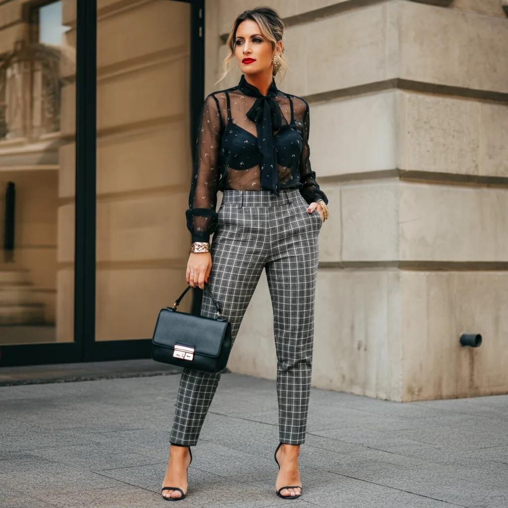 Sheer Blouse with Checkered Pants