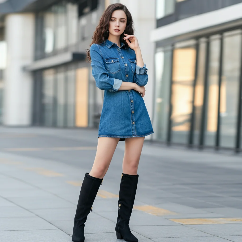 Short Denim Dress with Tall Boots