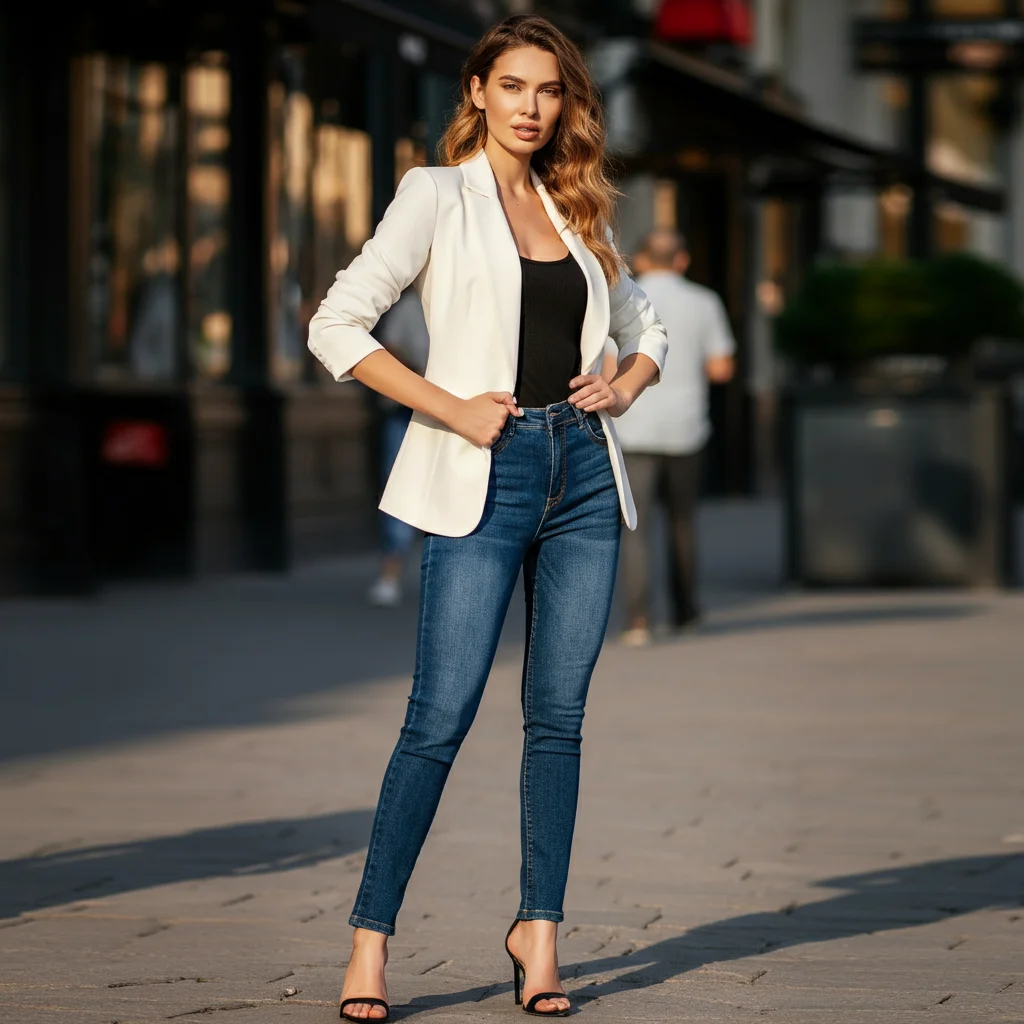 Skinny Jeans with a White Blazer