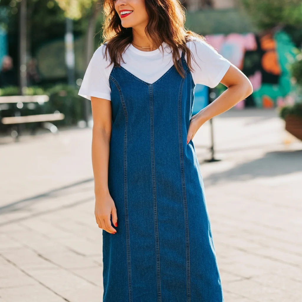 Sleeveless Denim Dress with a White T-Shirt