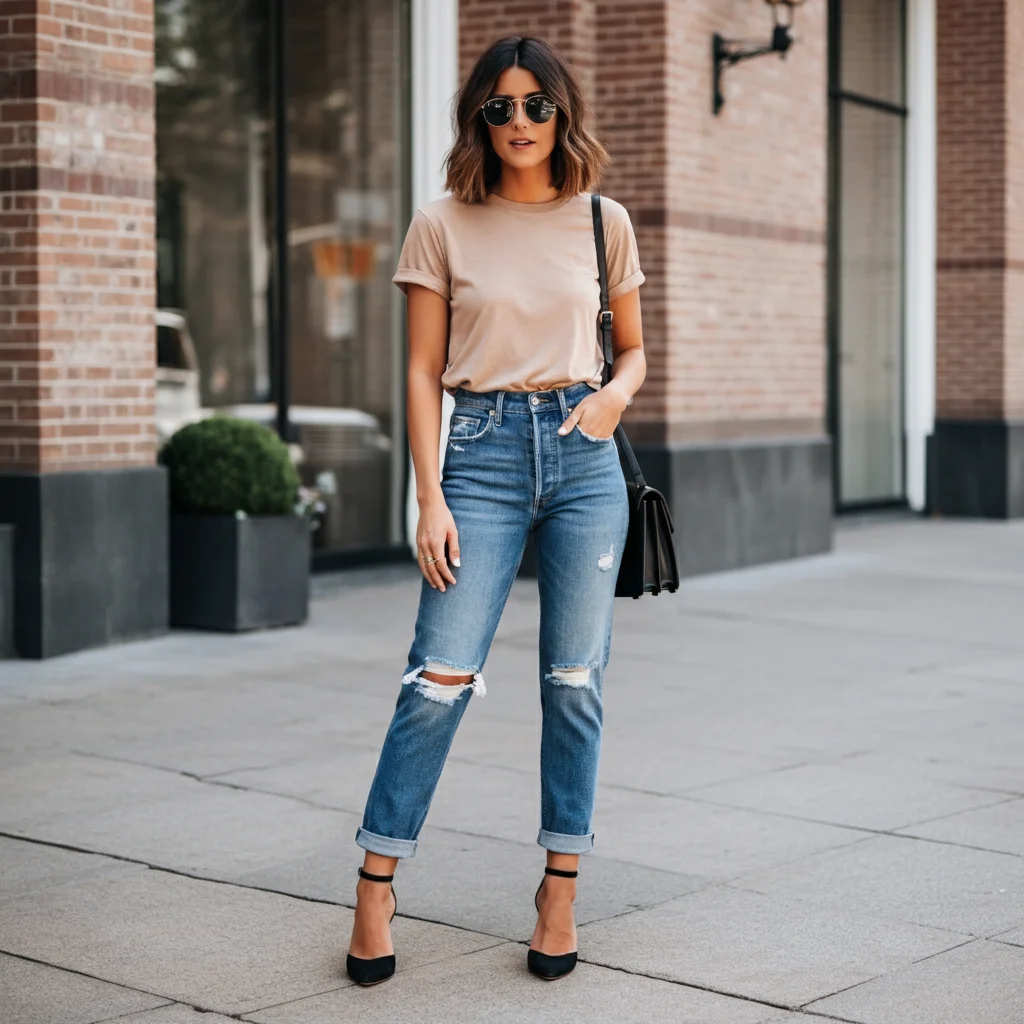 Tucked-In Tee with Distressed High-Waisted Jeans