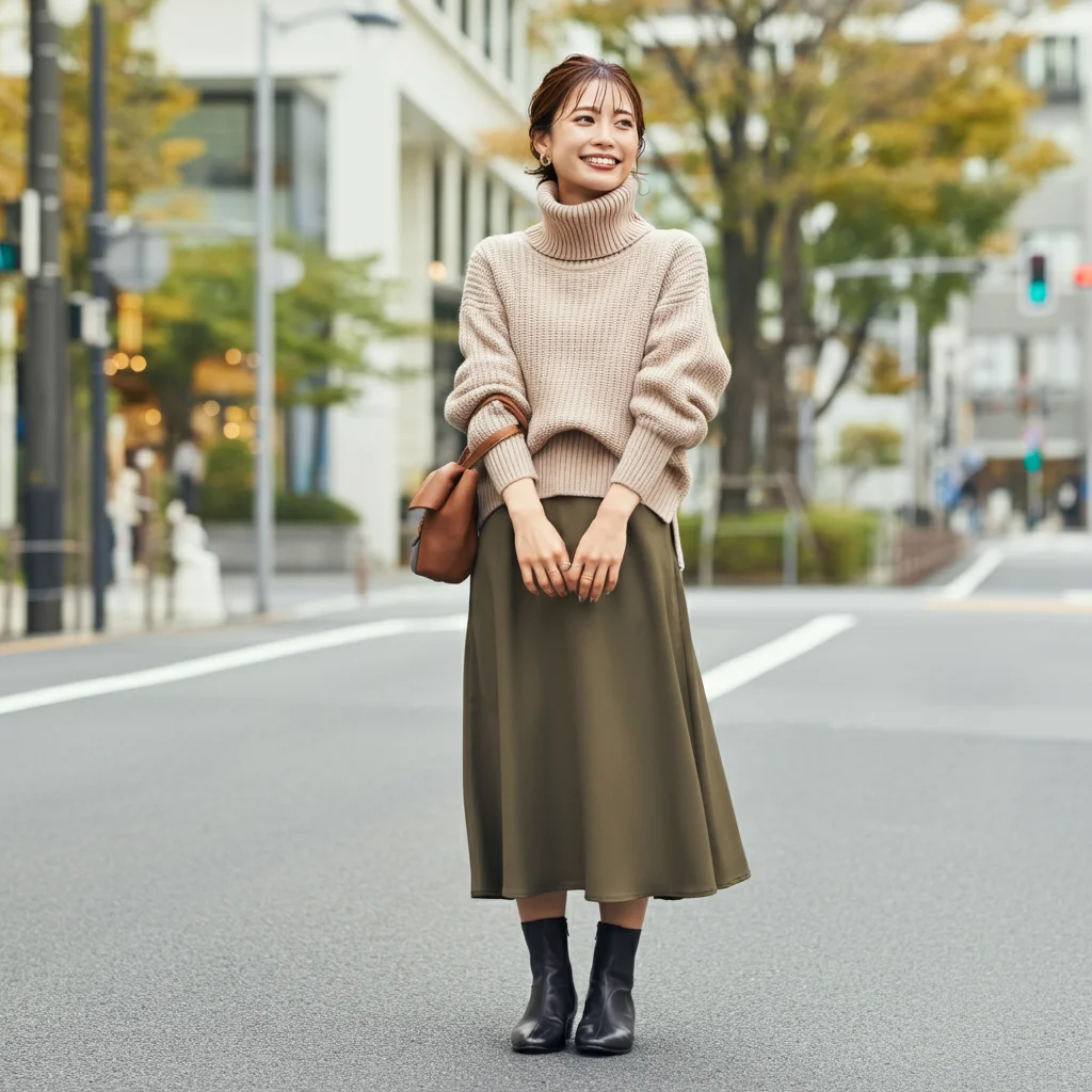 Turtleneck Sweater with Midi Skirt