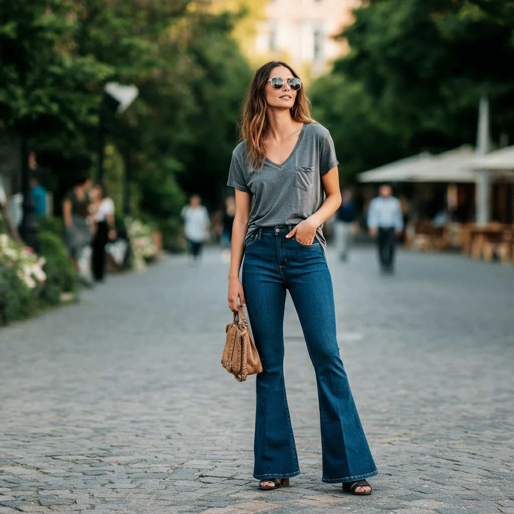 V-Neck Tee with Flared Jeans