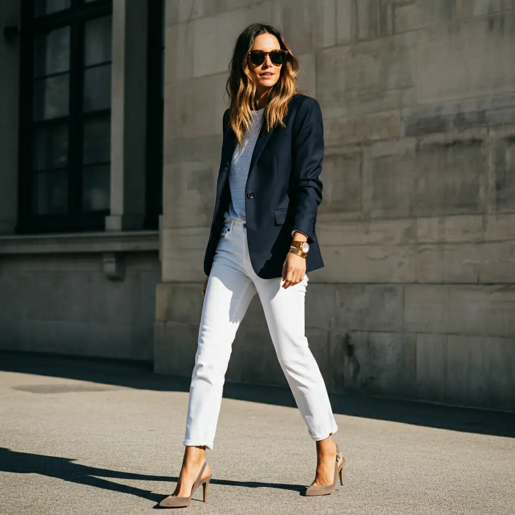 White Jeans with a Navy Blazer