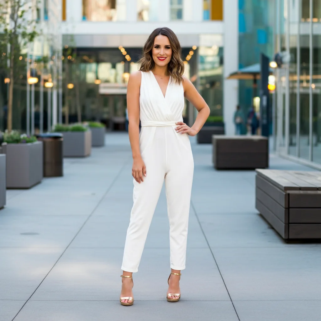 White Jumpsuit with Gold Sandals