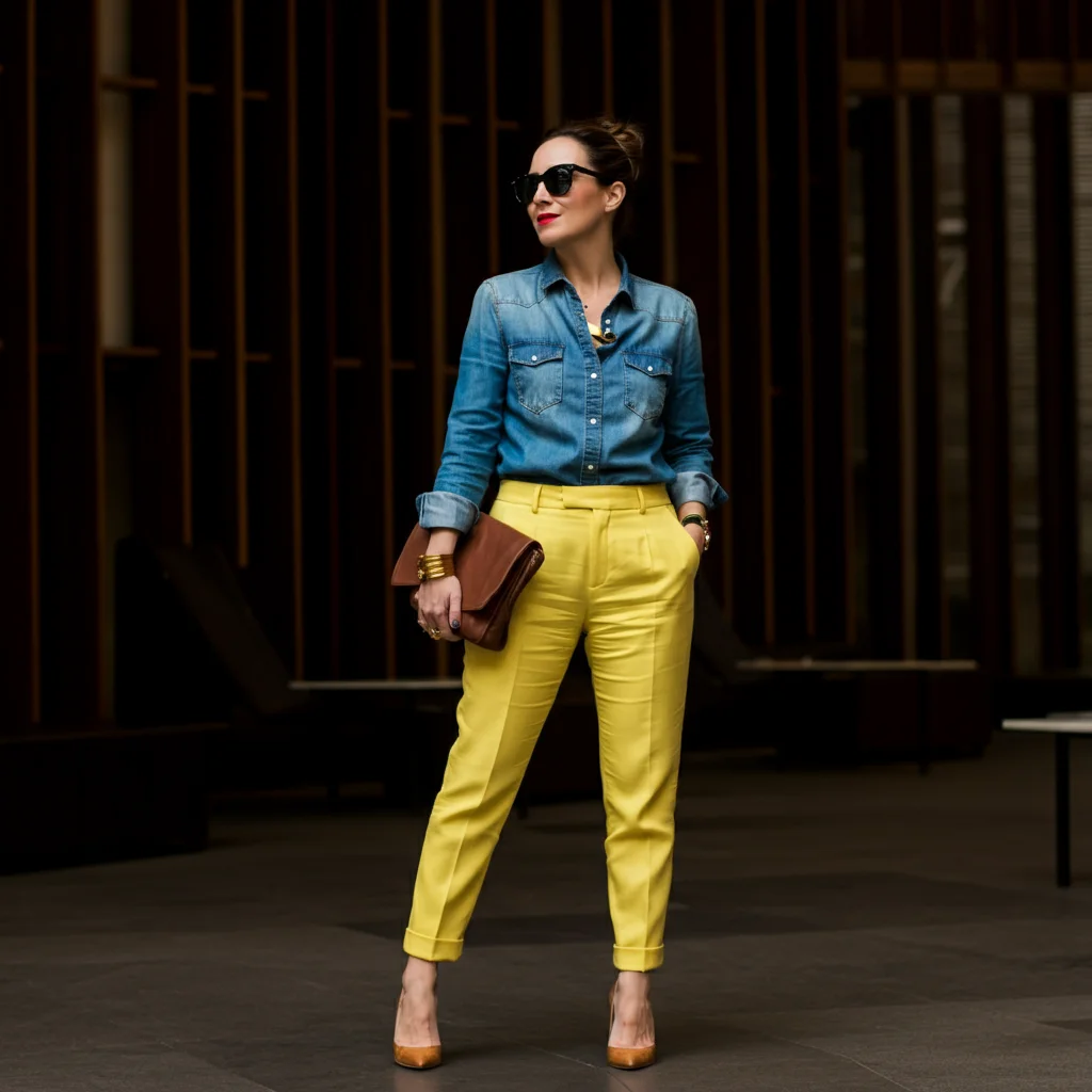 Yellow Pants and Denim Shirt