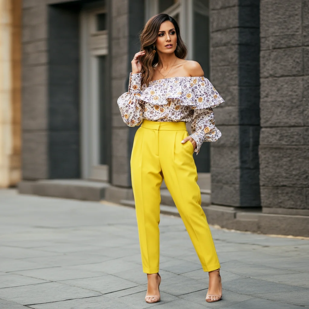 Yellow Pants and Off-Shoulder Blouse