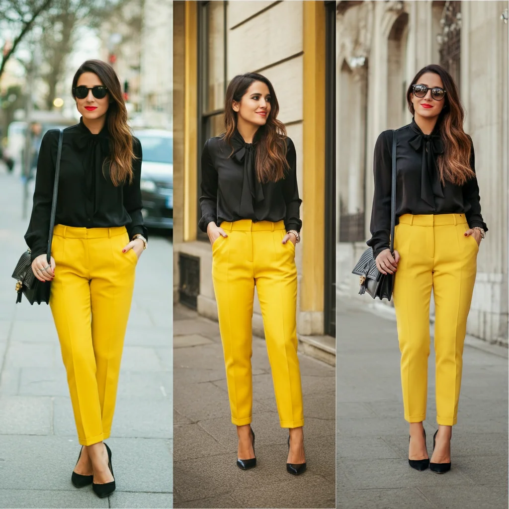 Yellow Pants with Black Blouse